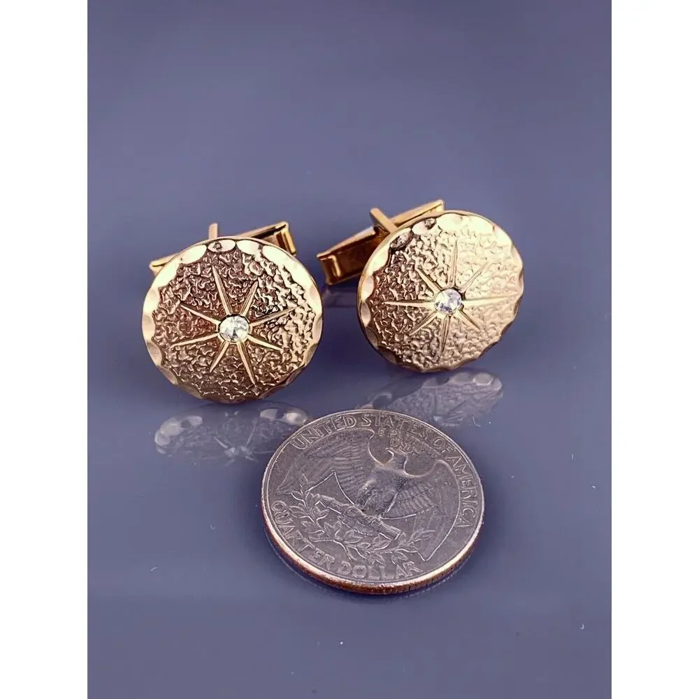 Round White Rhinestone Gold Tone Cufflinks Textured Mid Century Simple Vintage